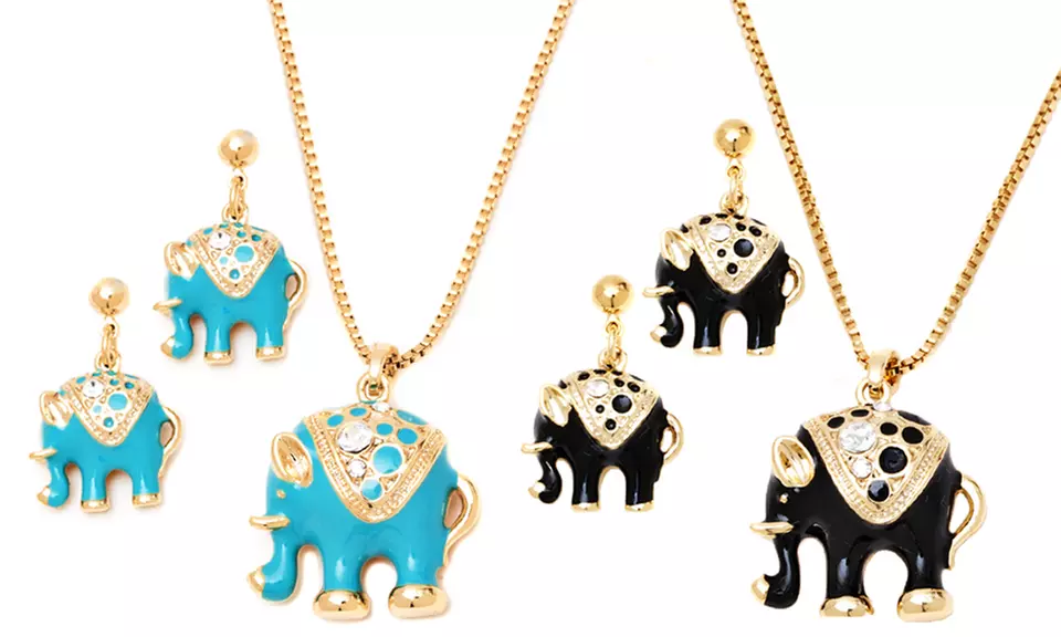 Enamel Elephant Necklace and Earrings Sets with Swarovski Elements - Primary Image