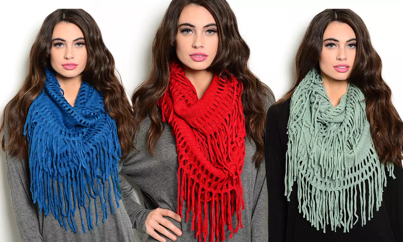 Fall Colored Knit Fringe Infinity Scarves - Primary Image