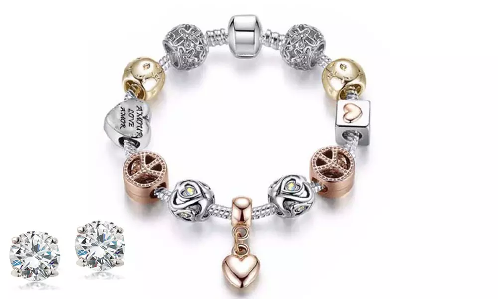 Mina Bloom Crystal Heart Charm Bracelet with 2.00 CTW Stud Earrings Made with Swarovski Elements (3-Piece) - Primary Image