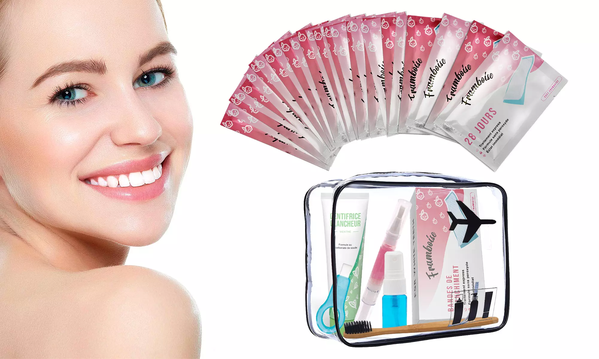 Bandes blanchiment dentaire goût framboise, cure de 28 jours et kit voyage. - Primary Image