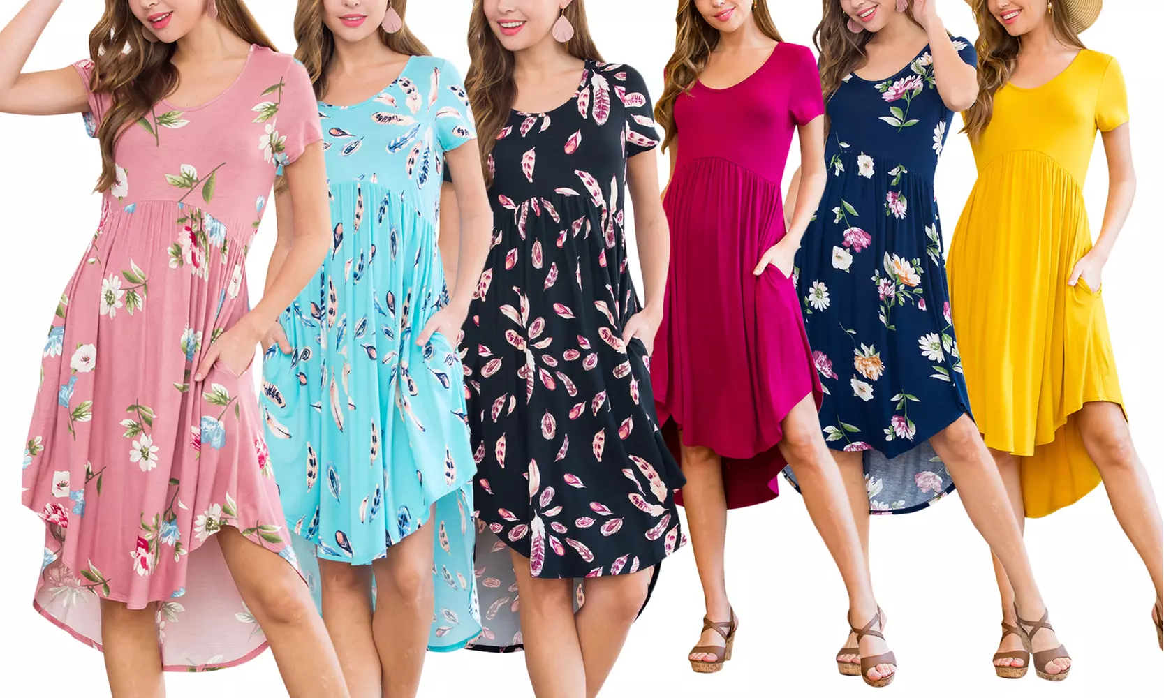 Riah Fashion Women's Solid and Printed High-Low Empire Pocket Dress - Primary Image