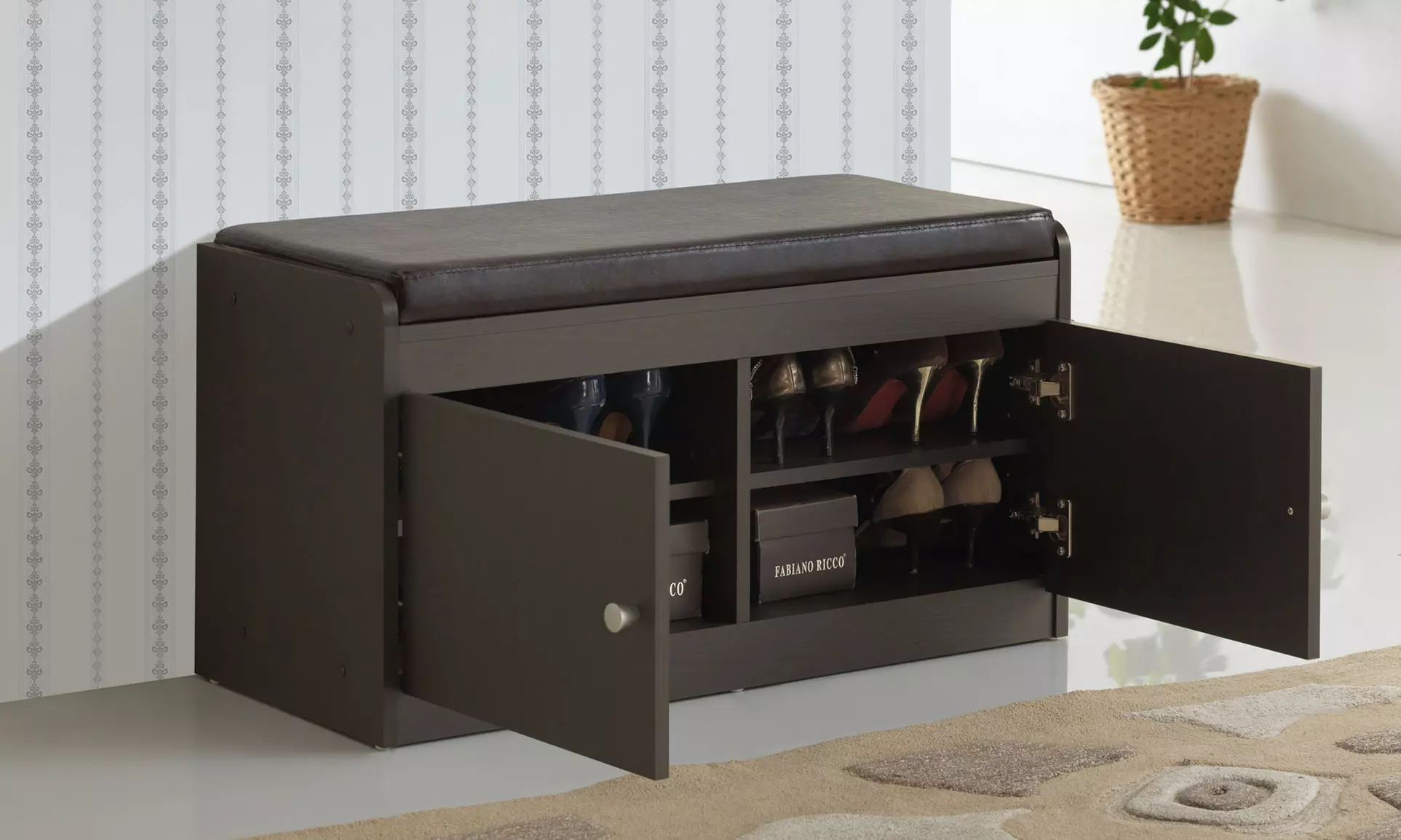 Margaret Wood Two-Door Shoe Storage Cabinet with Seating Bench  - Primary Image