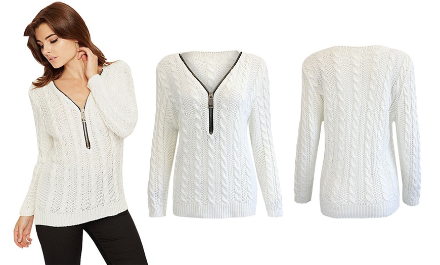 Image 11: Women's V-Neck Zip Front Cable Knit Jumper