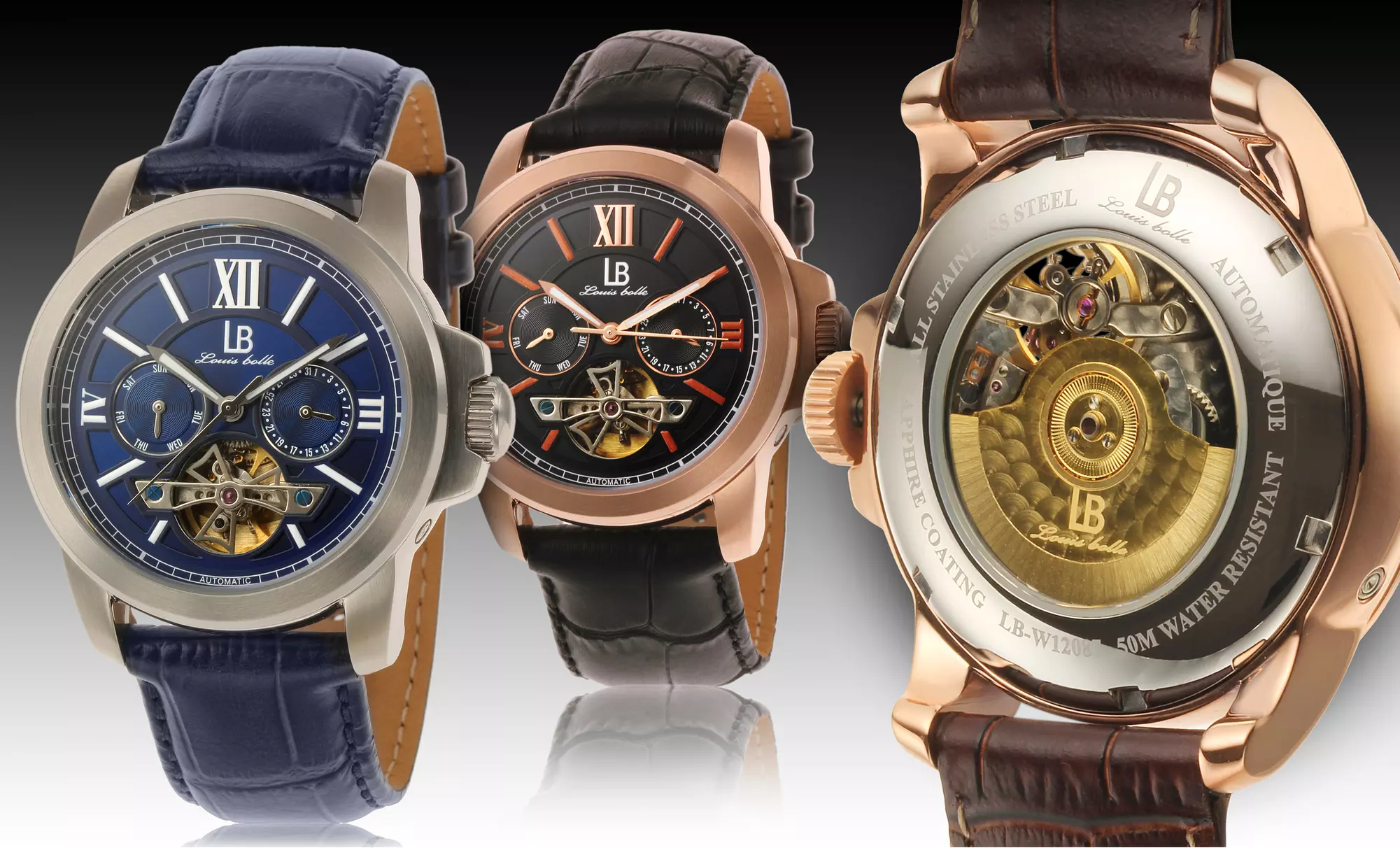 Louis Bolle Men's Axel Multifunction Automatic Watch with Genuine-Leather Strap. Multiple Colors. Free Returns.  - Primary Image