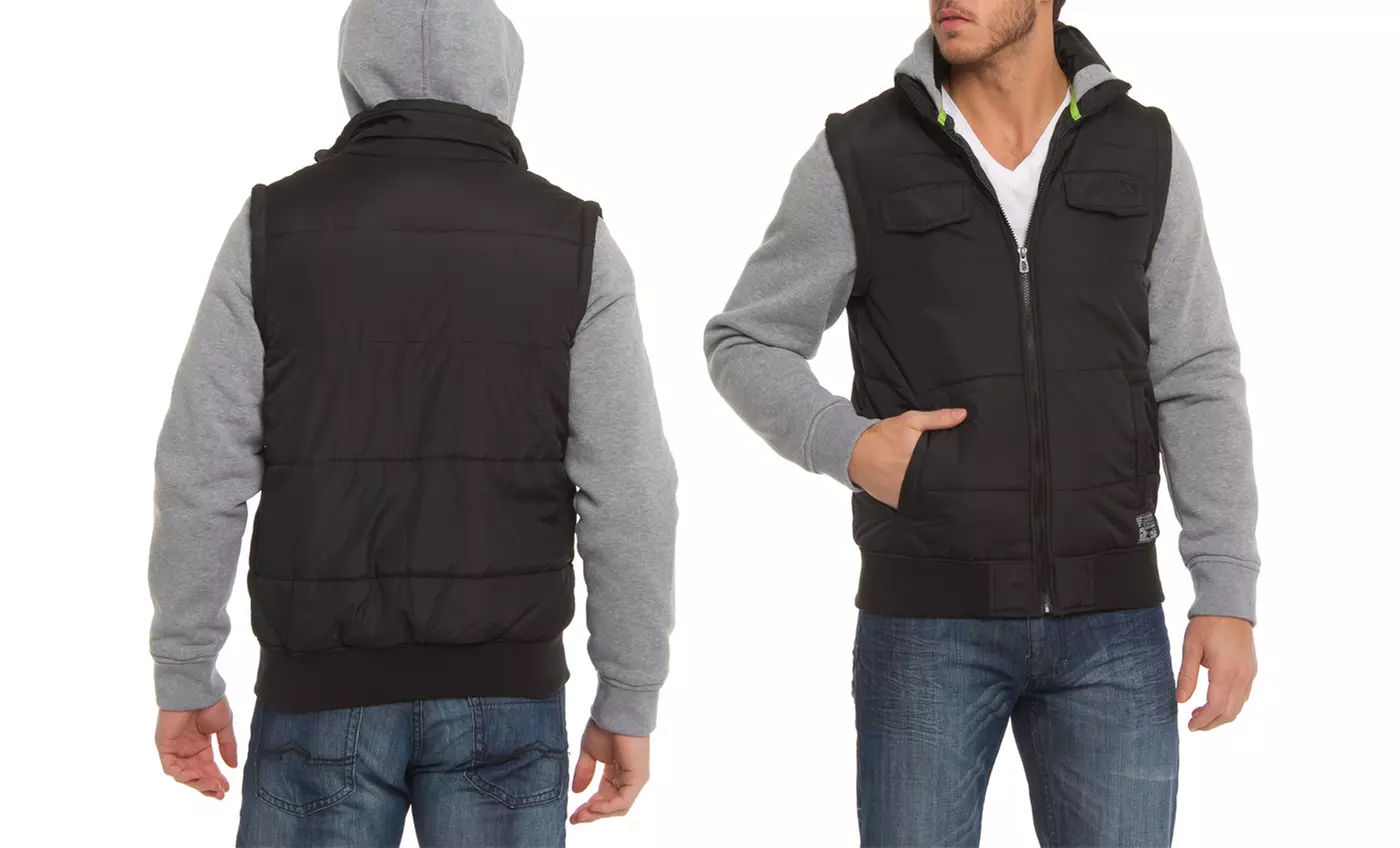 Distortion Men's Nylon Vest Jacket with Attached Fleece Sleeves and Hood - Second Medium