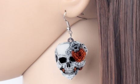 Boucles d'oreilles pendantes crâne et rose pour Halloween