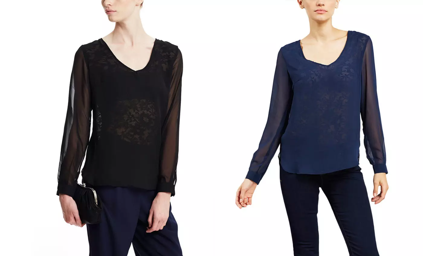 Sioni Long-Sleeve Chiffon Blouse with Lace Underlay | Brought to You by ideel - Primary Image