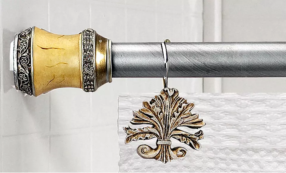Shower Curtain Tension Rod with Decorative Finials and Coordinating Hooks - Primary Image