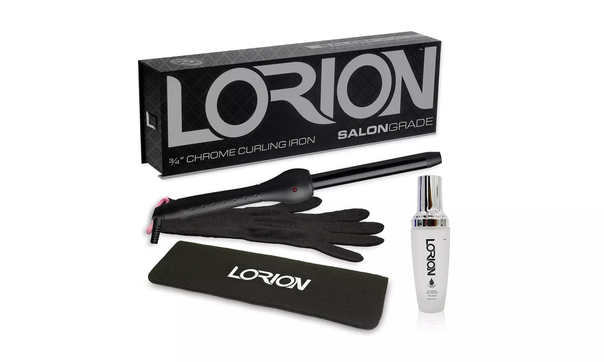 Lorion Diamond Technology Clipless Curling Iron Bundle with Heat Resistant Glove, Mat, and Hair Serum - Second Medium