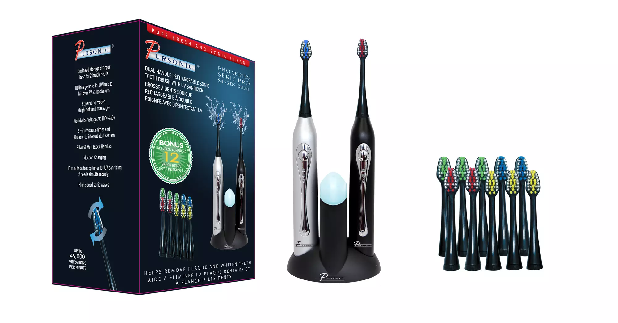 Pursonic Dual-Handle Sonic Toothbrush with 12 Replacement Heads and a UV Sanitizer - Primary Image