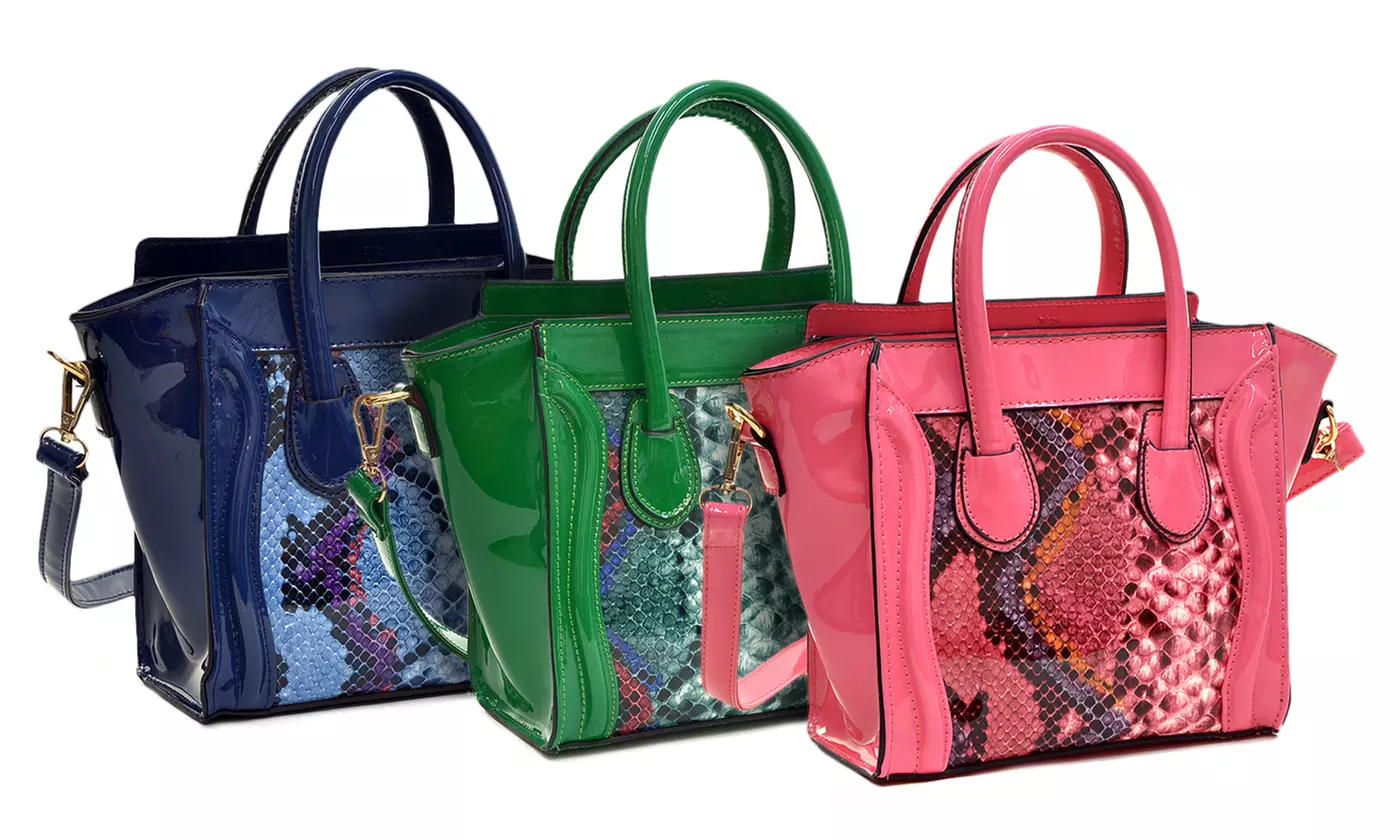 Women's Mini Patent-Leather Snakeskin-Style Satchel - Primary Image