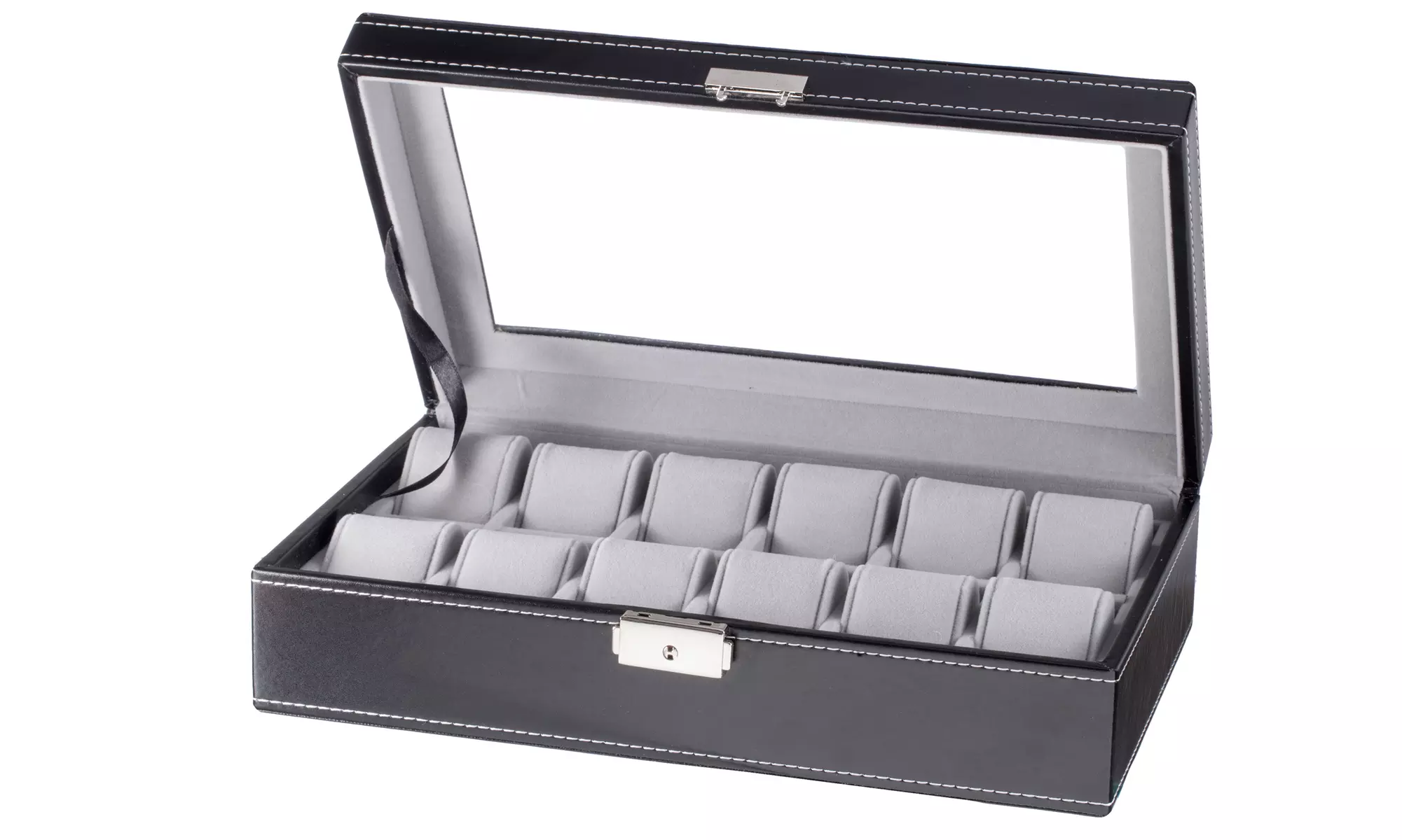 Men's Black Leatherette Display Glass Top Watch Case - Second Medium