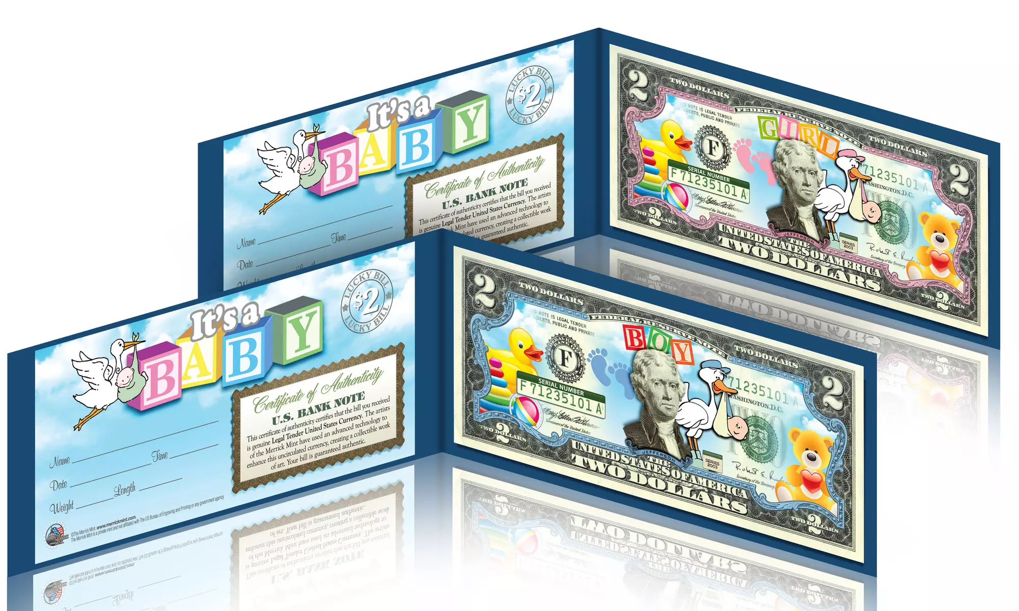 Baby Announcement Keepsake Colorized Two-Dollar Bill - Primary Image