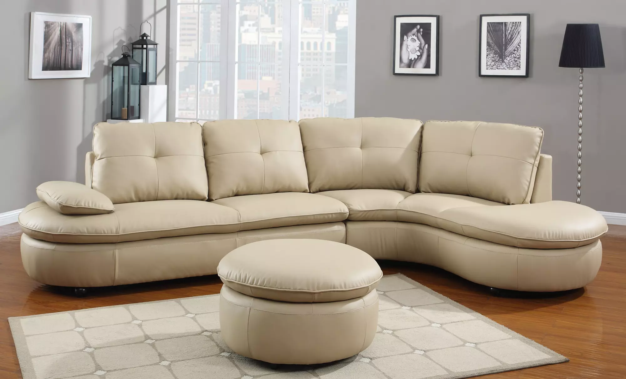 Hilaria Leather Modern Sectional Sofa. Available in Beige or Black. - Primary Image