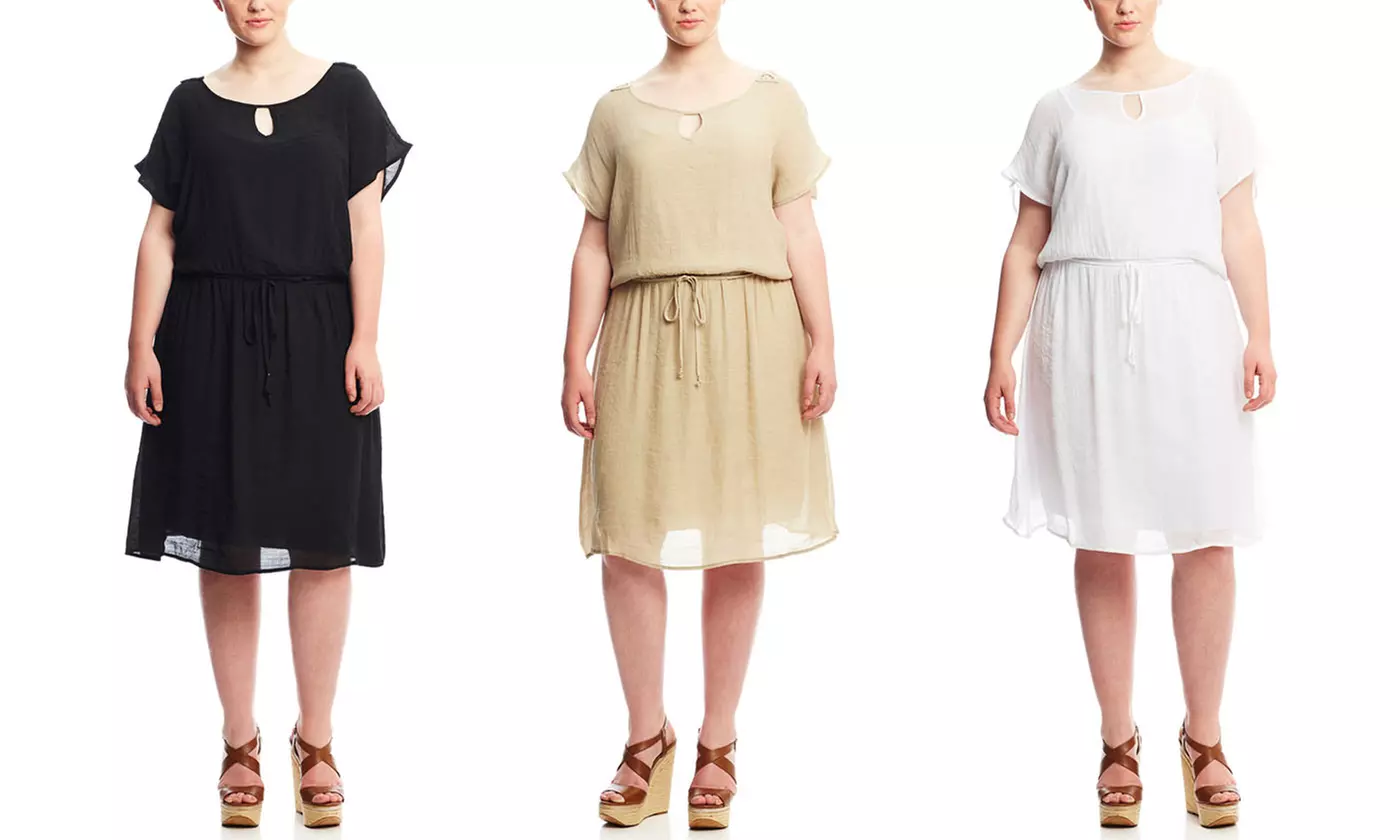 MLLE Gabrielle Women's Plus-Size Lace Detail Blouson Dress with Tie Belt | Brought to You by ideel - Primary Image