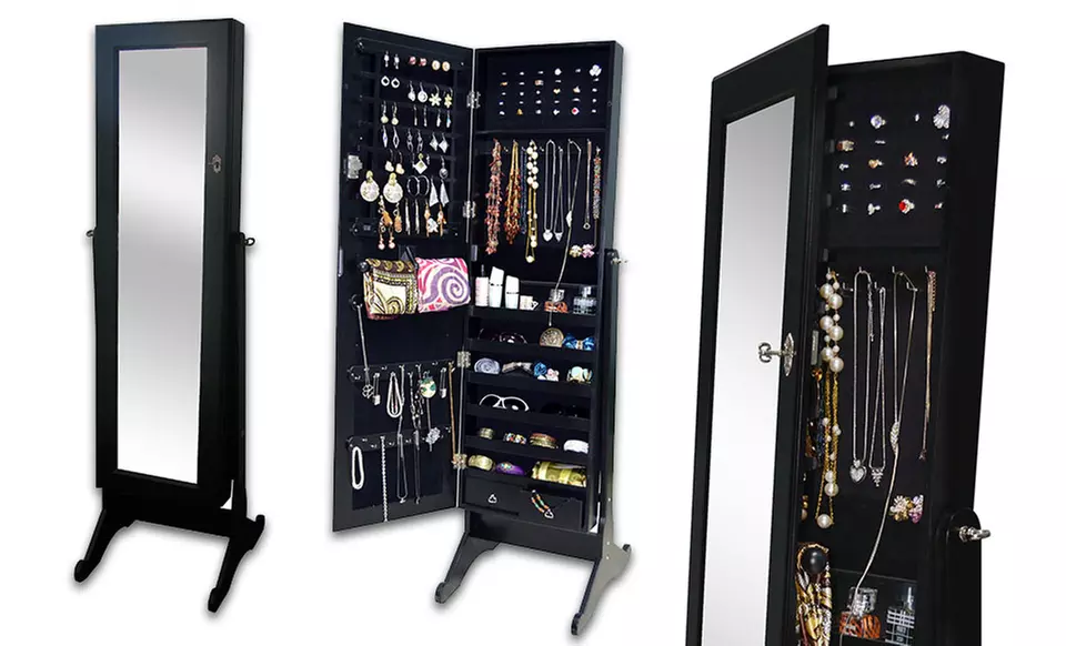 Bella Standing Mirror with Jewelry Cabinet in Black or White - Second Medium