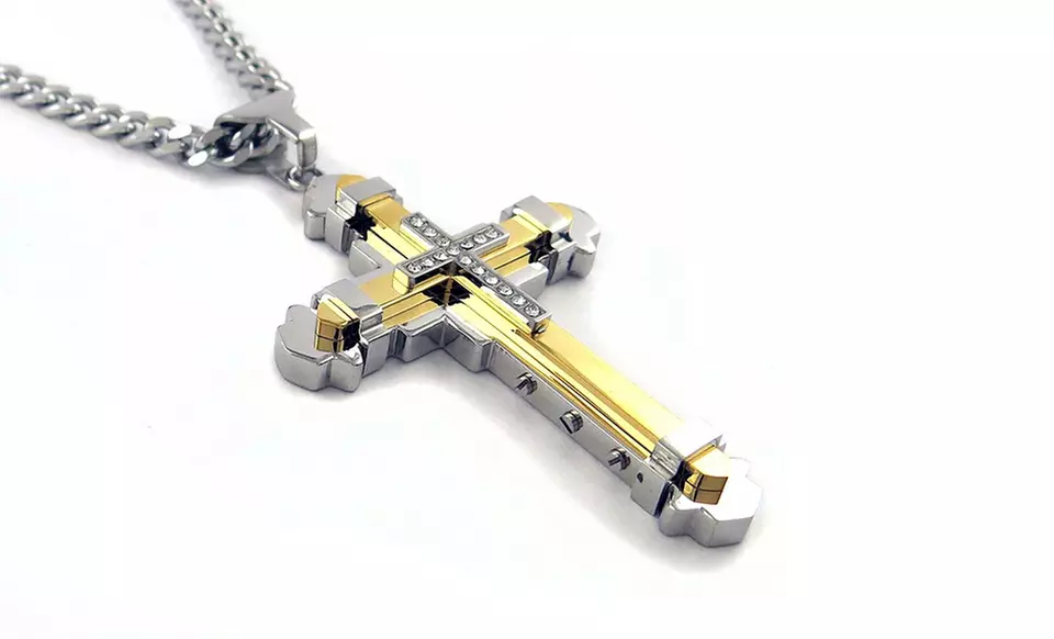 Ion Plated Stainless Steel Cross Pendant with Round Cubic Zirconia Stones - Second Medium