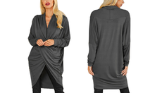 Women's Long Sleeve Cross Over Drape Top : CHARCOAL / L-XL