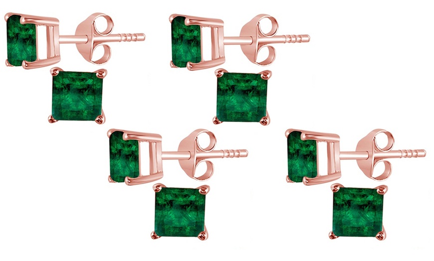Image 5: 14K Rose Gold Plated 4 Ct Princess Cut Emerald Stud Earrings. 