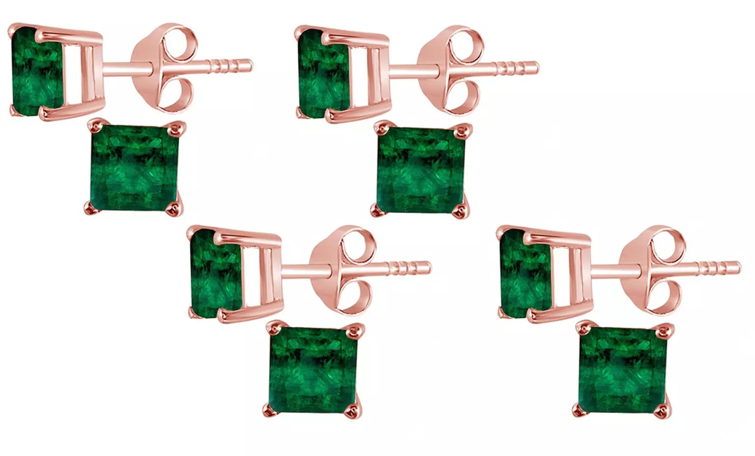 14K Rose Gold Plated 4 Ct Princess Cut Emerald Stud Earrings.