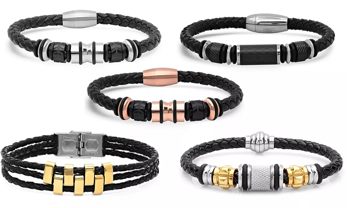 Men's Genuine Black Leather Braided Bracelet With Stainless Steel Accents - Primary Image