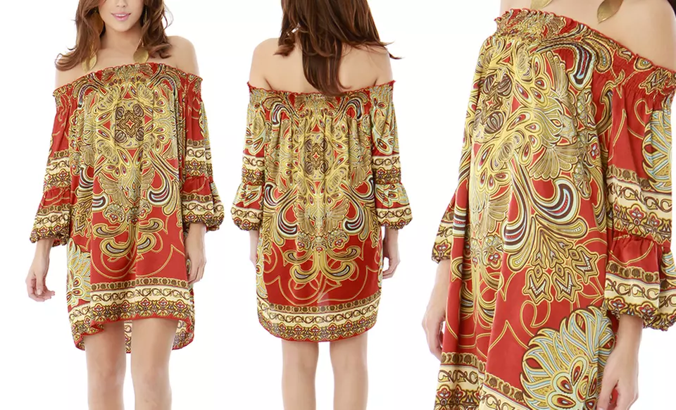 Classique Peasant Dresses with 3/4-Length Bubble Sleeves in Black/Yellow, Brick, or Red/Gold. Free Shipping and Returns. - Second Medium