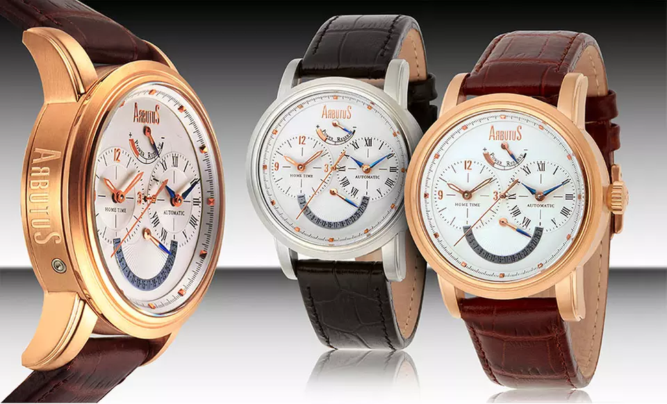 Arbutus Park Ave Automatic Dual-Time Watch in Black or Brown. Free Returns. - Primary Image