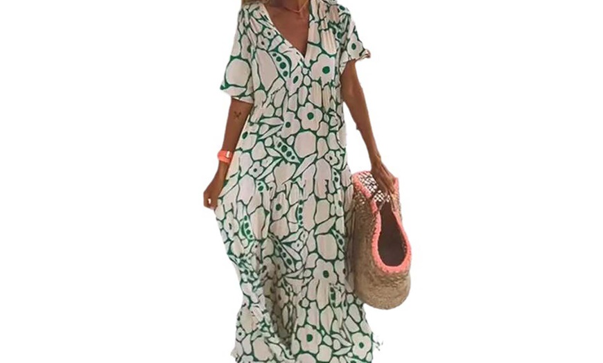 Image 5: Printed Short Sleeve V Neck Long Dress