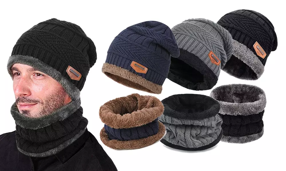 1x oder 2x gestrickte Beanie-Mütze und Schal mit Fleecefutter in Schwarz, Navy oder Grau - Primary Image