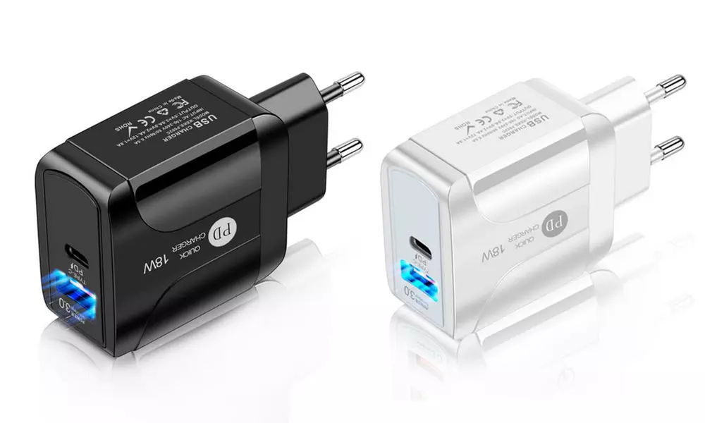 1x oder 2x USB-Schnellladegerät in Schwarz oder Weiß mit USB-C- und USB-A-Anschluss, inkl. Versand - Primary Image