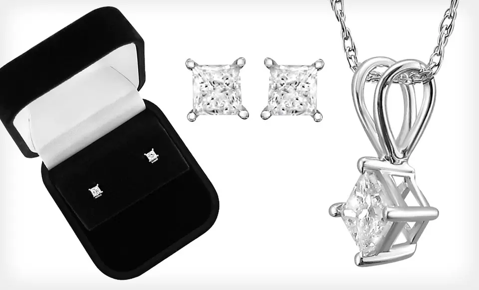 Princess-Cut Diamond Stud Earrings, Pendant Necklace, or Necklace and Earring Set in 14-Karat White Gold (Up to 72% Off) - Primary Image