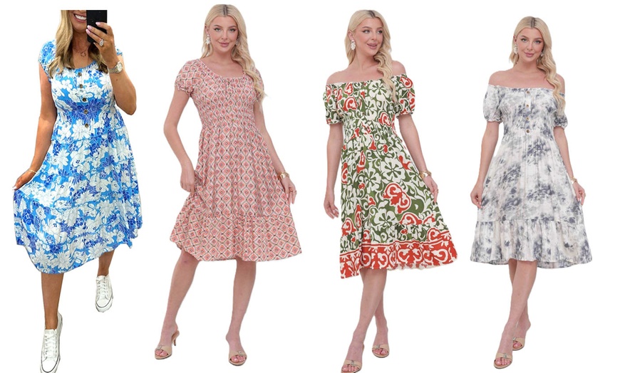 Image 8: Women's Printed Bardot Gypsy Midi Dress