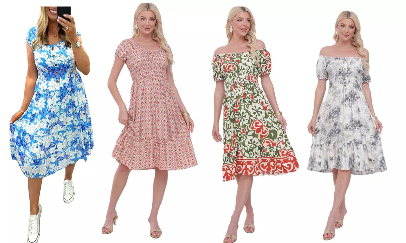 Women's Printed Bardot Gypsy Midi Dress