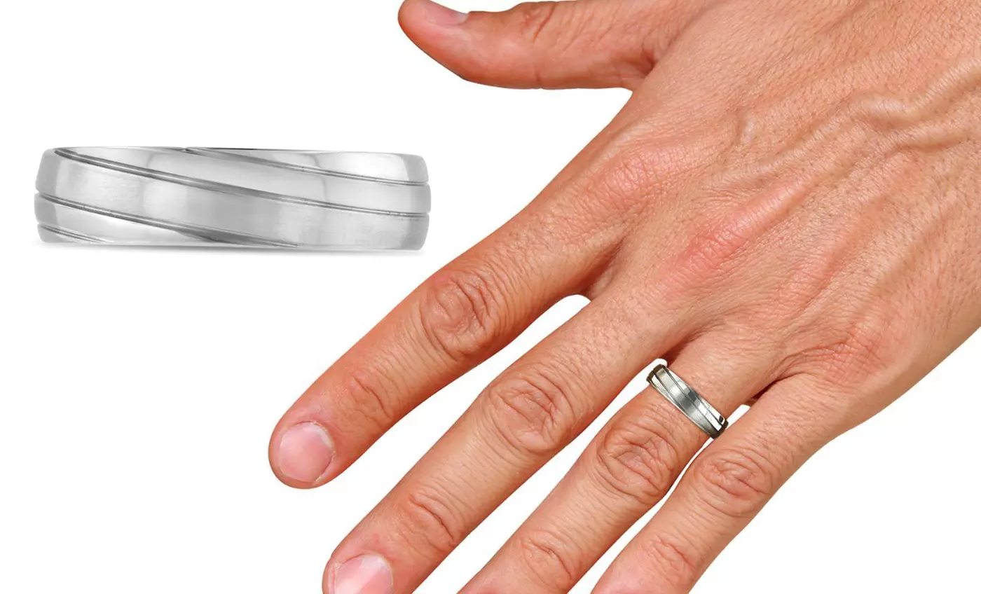 Brushed Titanium Men's Rings with Grooved Design - Second Medium