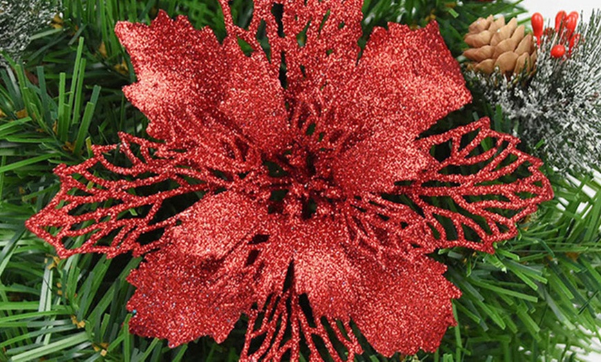 Image 3: Five or Ten Glitter Artificial Flowers Christmas Tree Decorations