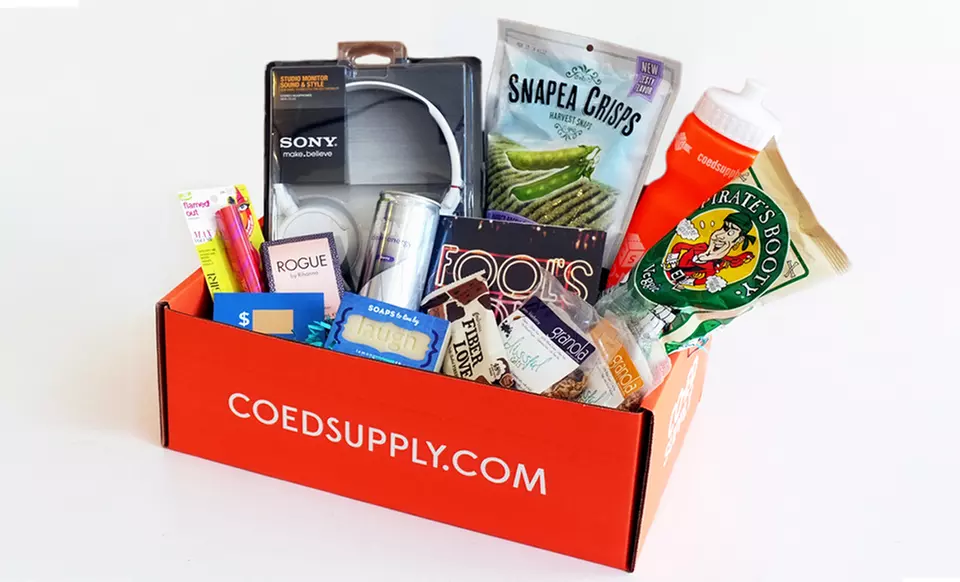 College Care Package 3-Month Classic or Deluxe Box ﻿Subscription from Co-Ed Supply. Free Shipping.  - Primary Image