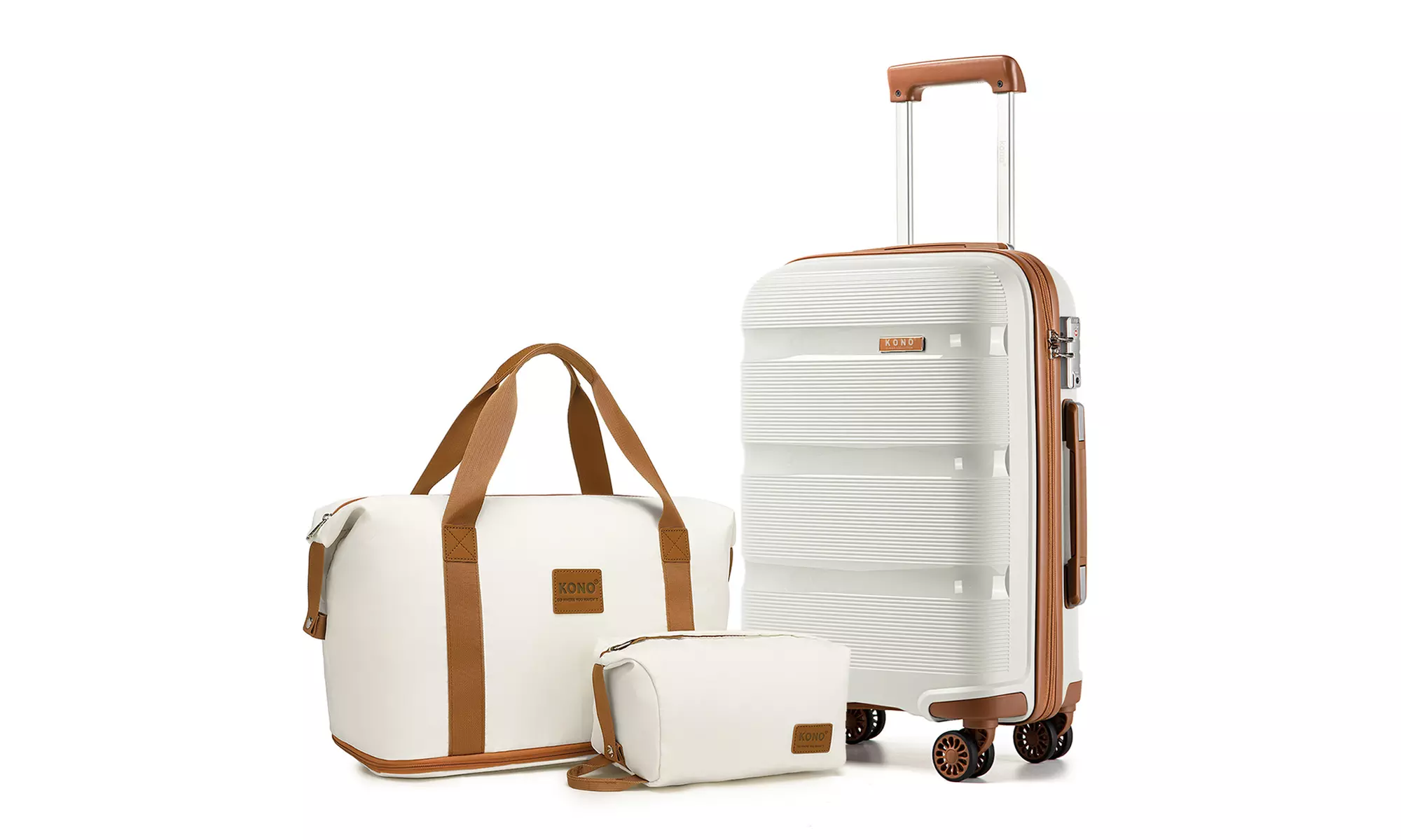 Conjunto de viaje blanco con maleta rígida, bolsa de mano y neceser
