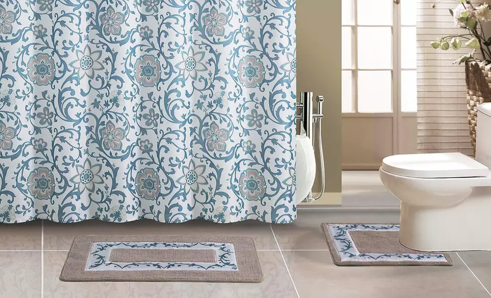 15-Piece Bath Set with 2 Mats, Shower Curtain, and Shower-Curtain Rings in Blue, Brown, or Pink. Free Returns. - Second Medium