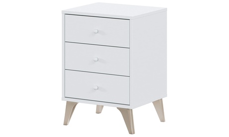 Comodino a 3 cassetti di colore bianco, con maniglie a sfera