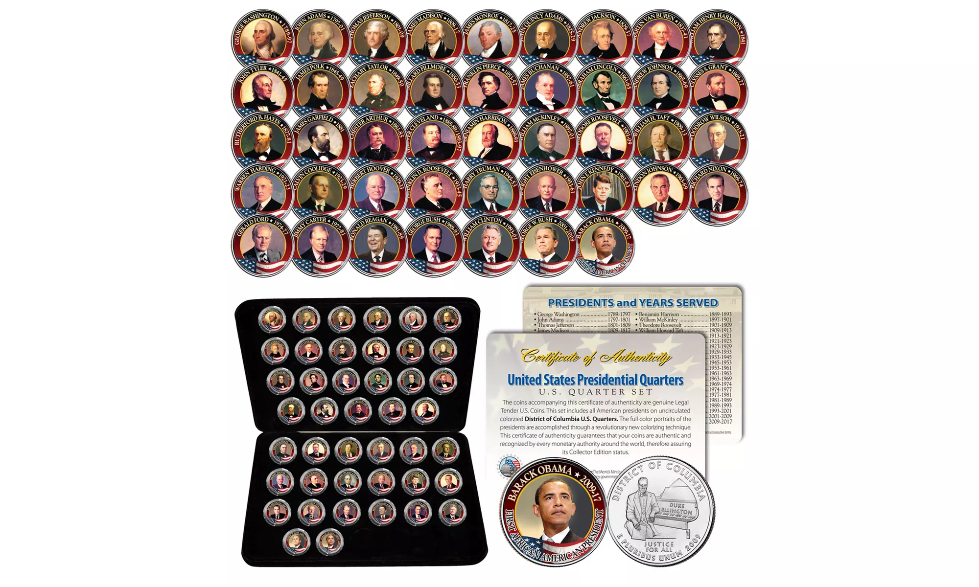 United States Presidents 43-Coin Collection Colorized DC Quarters Set with Box - Primary Image