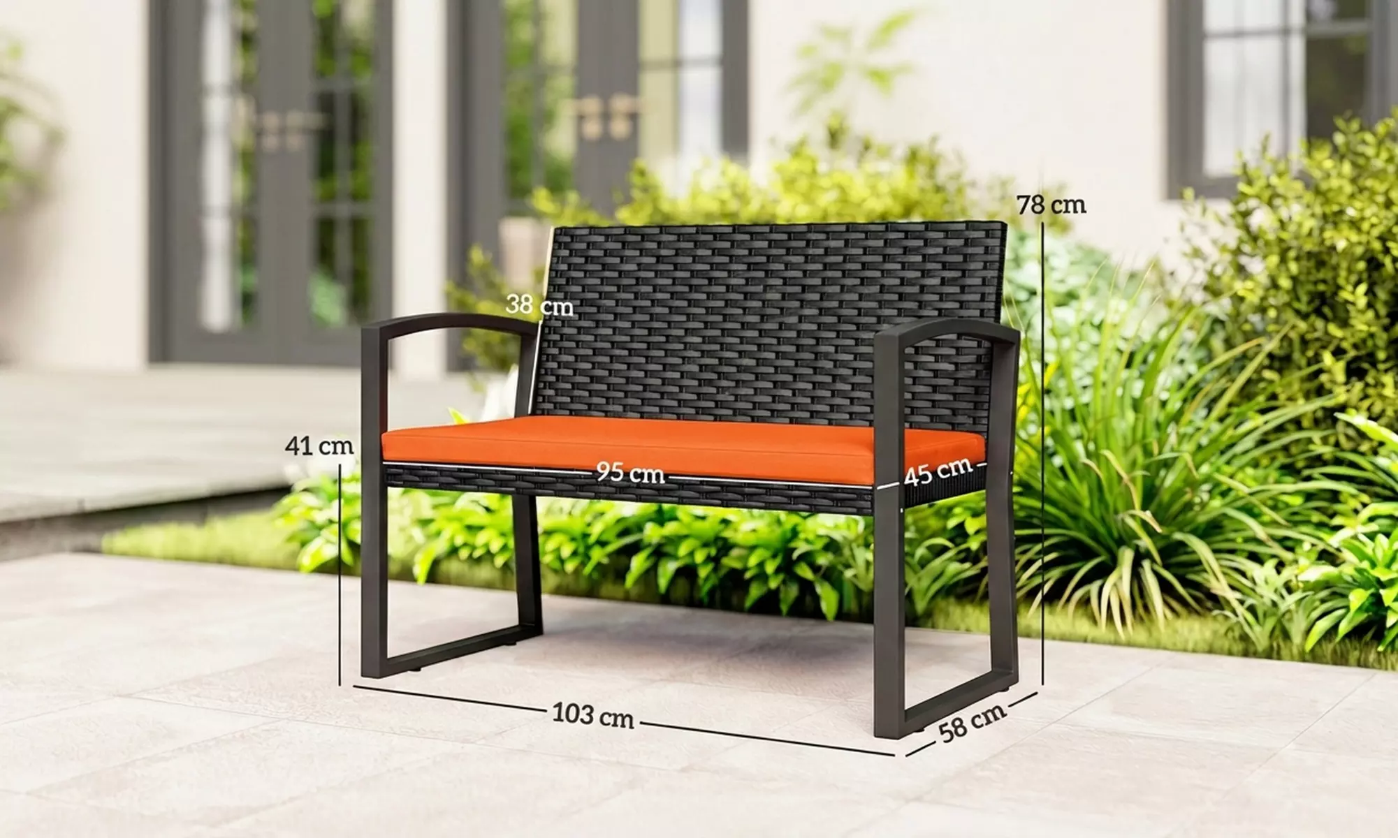 Outsunny 2-Seater Rattan-Effect Garden Bench with Cushioned Seat