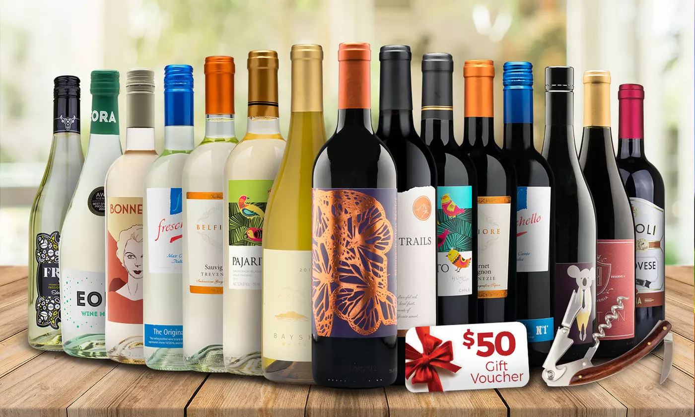 1 or 2 Sets of 15 Bottles of Premium Wine, $50 Gift Voucher, and Corkscrew from Wine Insiders (Up to 67% Off) - Primary Image