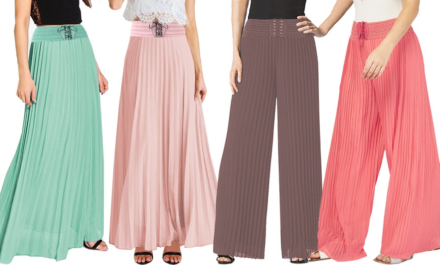 Image 1: Pleated Chiffon Palazzo Trousers or Maxi Skirt with Woven Waist