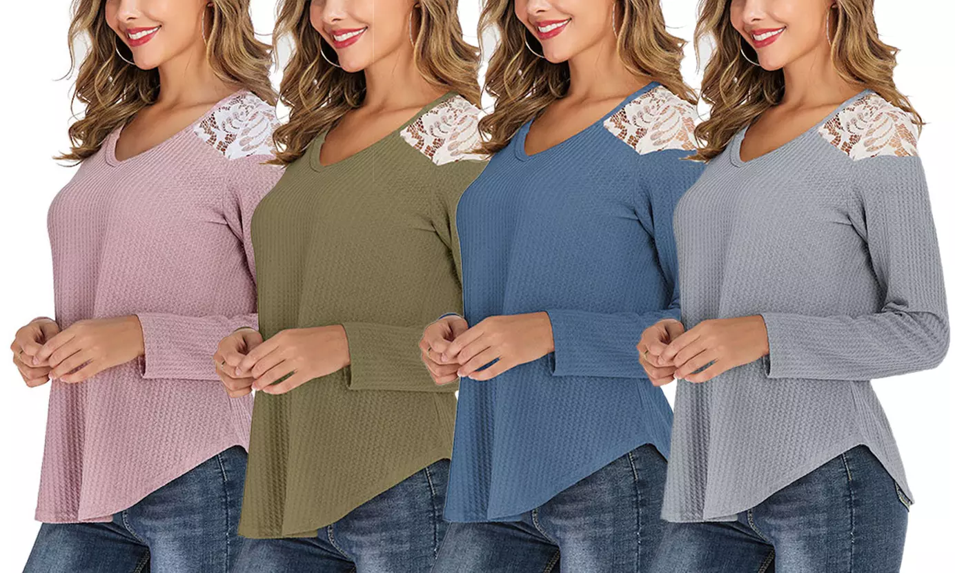 Lilly Posh Women's Long-Sleeve Lace Shoulder Waffle Top. Plus Sizes Available. - Primary Image