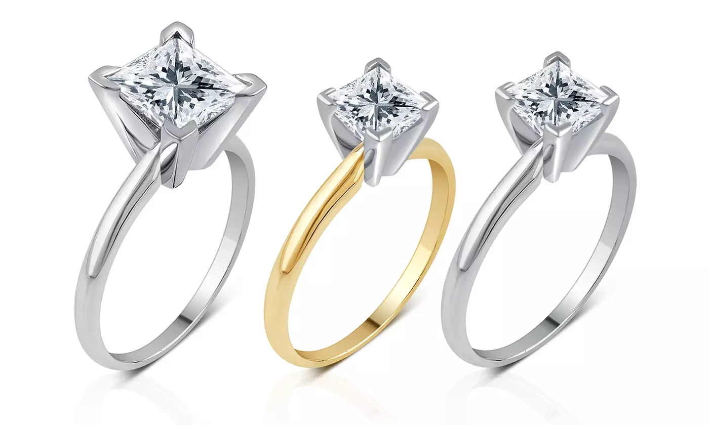 1.00 CTTW–2.00 CTTW Certified Princess Diamond Solitaire Rings in 14K White Gold or Yellow Gold from $799.99–$2499.99 - Primary Image