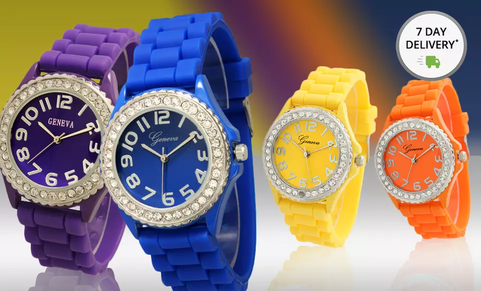 Women's Crystal-Embellished Silicone Watches. Multiple Colors Available. Free Returns. - Primary Image