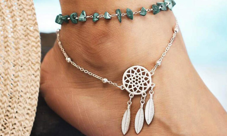 Image 5: Tobillera ajustable estilo boho con doble cadena y abalorios