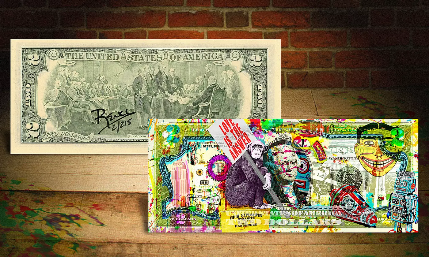 Dynamite Monkey: Rency/Banksy Pop Art Giclee on Genuine $2 U.S. Bill Money - Each Hand Signed & Numbered of only 215 ! - Primary Image