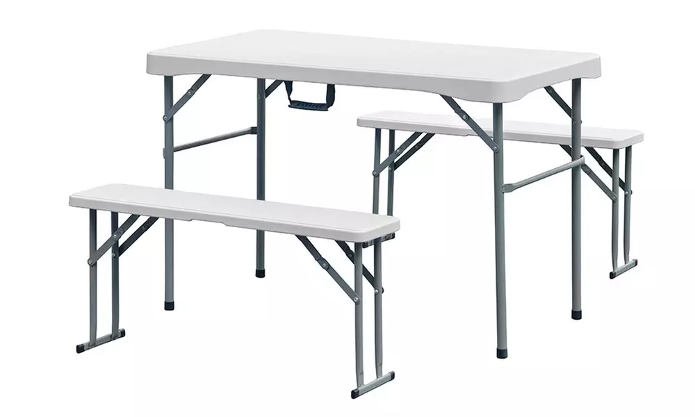 Ensemble d'extérieur pliable comprenant une table et 2 bancs