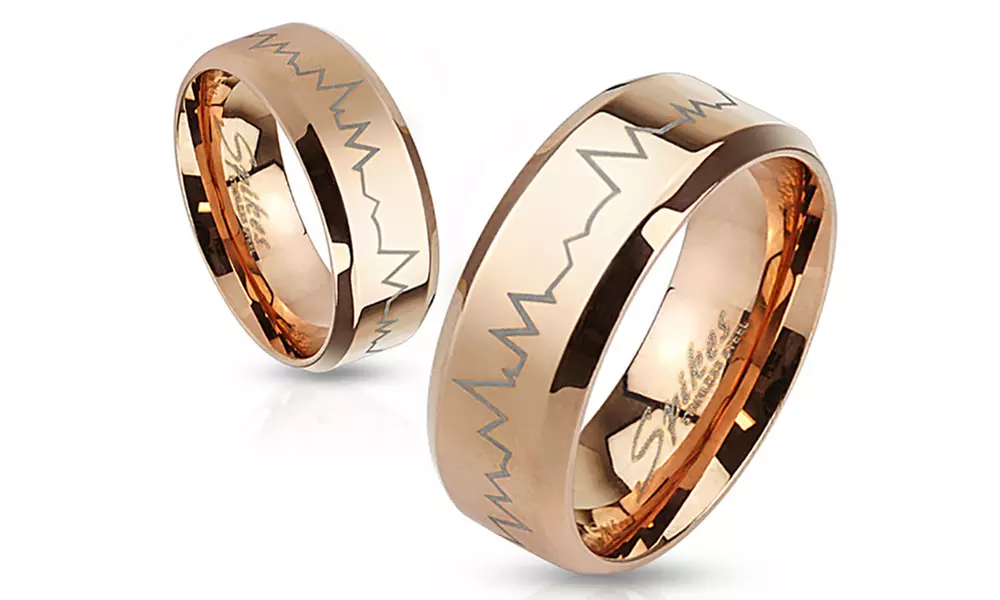 Heartbeat Laser Etched Stainless Steel Rose Gold IP Band Ring - Primary Image